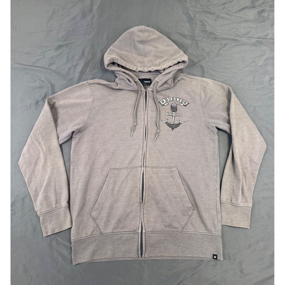 Distressed Hurley Mens S Full Zip Hoodie Grey Nautical Anchor Eagle Graphic Y2K